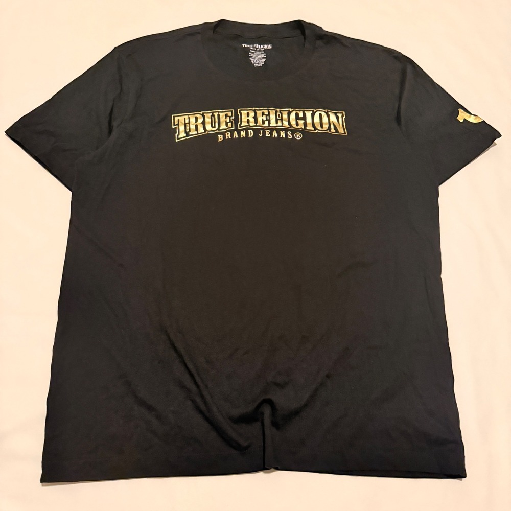 True Religion T-Shirt Mens 2XL Black Gold Foil Logo Graphic Short Sleeve Tee